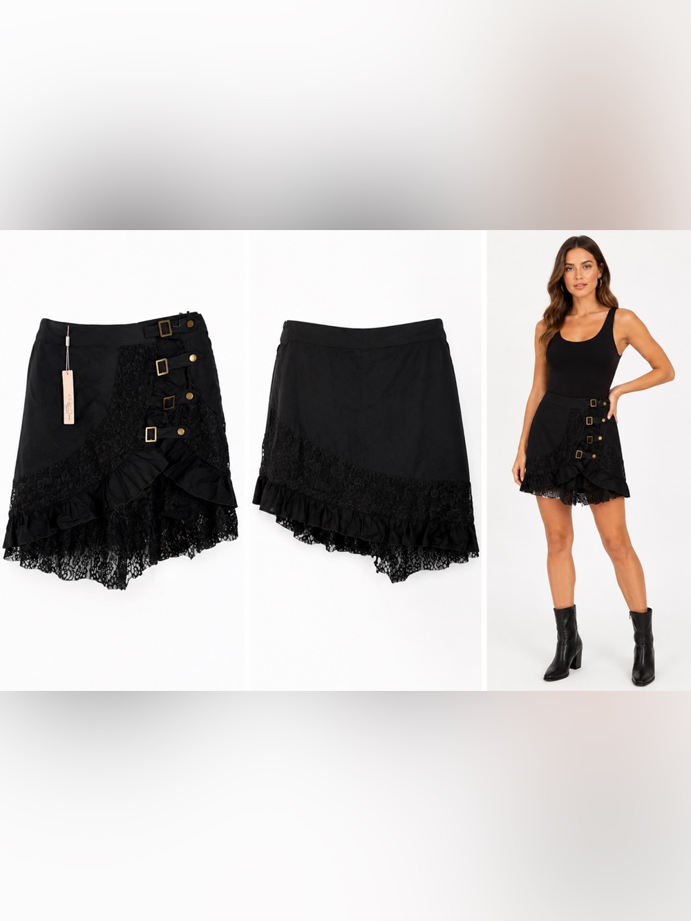 Women’s Bel Poque Black Ruffle &Lace Midi Skirt w/Buckles &Snaps-Asymmetrical XL